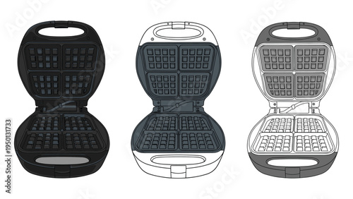 Three different views of an open electric waffle maker shown in black white and gray color variations for product display.