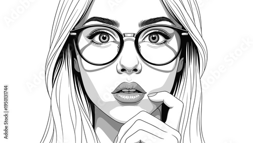 Close up portrait of a pensive blonde woman wearing stylish black frame glasses while placing her hand on her chin in thought.