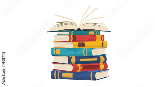 Stack of colorful hardcover books with one open book resting on the top of the pile symbolizing education and literary knowledge.