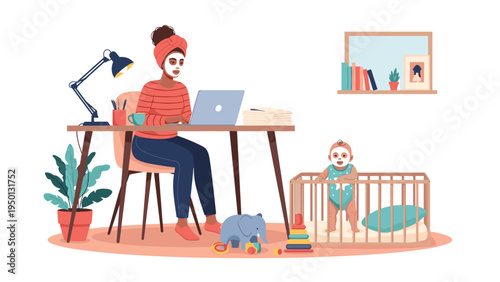 Productive woman wearing a face mask while working remotely on a laptop as her baby child plays nearby in a safe wooden crib.