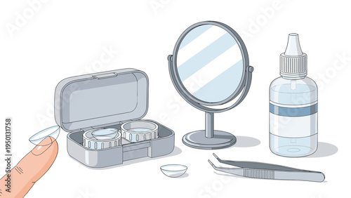 Essential items for contact lens users including a storage case with solution along with tweezers and a mirror on a white desk.