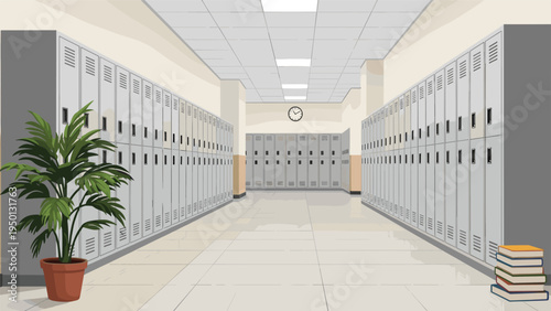 Quiet school hallway lined with rows of grey metal lockers featuring a green potted plant and a stack of books on the floor.