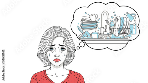 Stressed young woman looking tired while thinking about the overwhelming chore of cleaning a sink filled with dirty dishes.