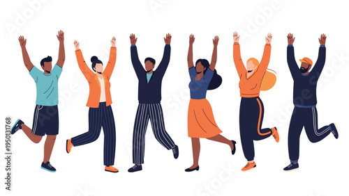 Group of diverse people jumping with excitement and raising their arms in celebration against a plain white studio background.