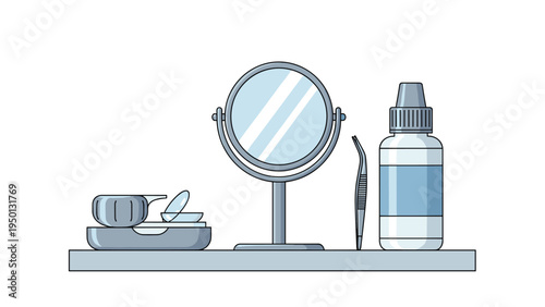 Contact lens hygiene kit featuring a small round mirror and a bottle of eye drops alongside a storage container and tweezers.