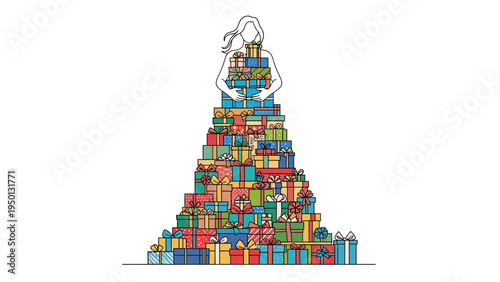 Line art illustration of a woman carrying an impossibly high stack of colorful gift boxes wrapped with ribbons and bows.