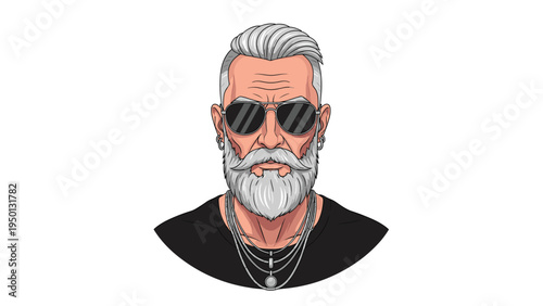 Sophisticated older man with a well groomed grey beard wearing dark aviator sunglasses and multiple layered silver necklaces.