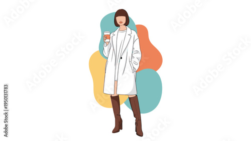 Fashionable woman wearing a long white coat and brown leather boots while holding a paper coffee cup against abstract shapes.