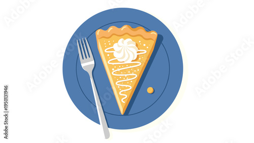 Slice of classic pumpkin or sweet potato pie with a swirl of whipped cream and drizzled icing served on a blue plate with a fork.