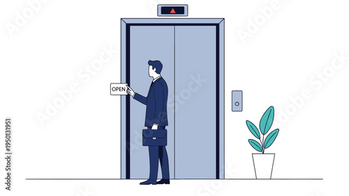 Businessman in a dark suit holding a briefcase and pressing the open button for an elevator in a modern office building hallway.