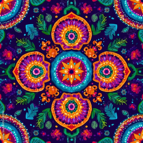 Vibrant Symmetrical Kaleidoscope Pattern with Floral and Geometric Elements