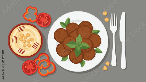 Top view of a healthy falafel plate with fresh basil, creamy hummus dip, chickpeas, sliced tomatoes, and peppers on a gray table.