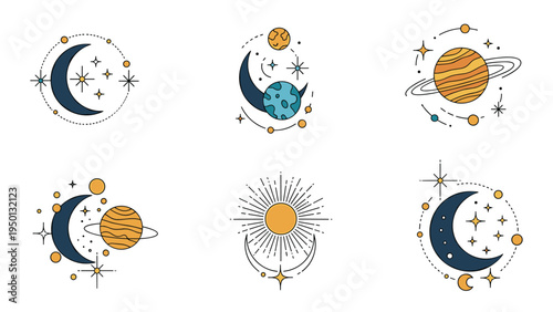 Set of mystical cosmic icons featuring moons, stars, planets, and the sun in a bohemian gold and dark blue color palette.