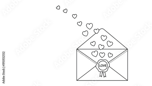 Minimalist black and white line art drawing of an open envelope with many small hearts flying out of it as a love letter.