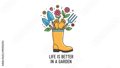 Yellow rubber boot used as a vase for garden tools like shovels and forks surrounded by colorful flowers and green leaves.