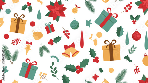 Festive seamless pattern with Christmas gifts, poinsettia flowers, holly berries, pine branches, and holiday ornaments on white.