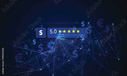 Financial Rating Visualization: An artistic representation of financial evaluation using a five-star rating system with currency symbols overlaying a network of connected nodes.