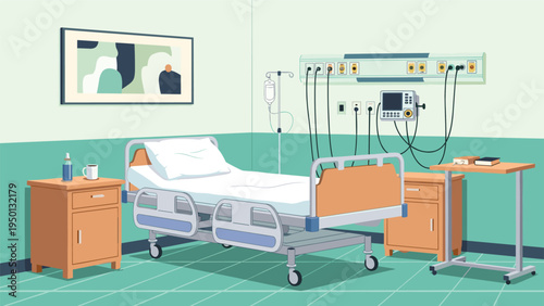 Empty hospital room interior with a medical bed, monitors, IV stand, bedside tables, and medical equipment on the wall.