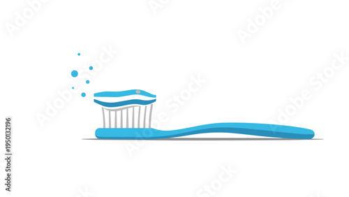 Blue toothbrush with a squeeze of white and blue toothpaste on top and floating bubbles isolated on white background.