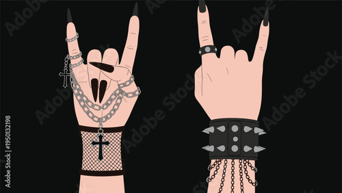 Two hands making rock and roll sign decorated with rings, necklaces, cross pendants, and studded leather bracelets on black.