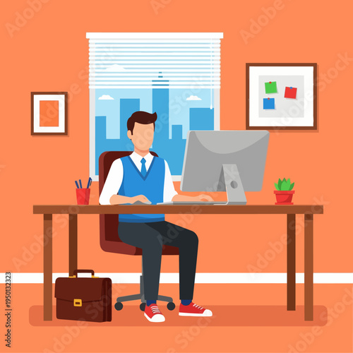 Businessman working on computer in modern office. Flat vector illustration of freelancer sitting at desk with city view, briefcase, and office supplies. Professional workspace concept.