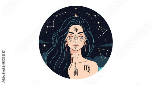 Beautiful illustration of a girl representing Virgo zodiac sign with dark hair, celestial symbols, and constellations.