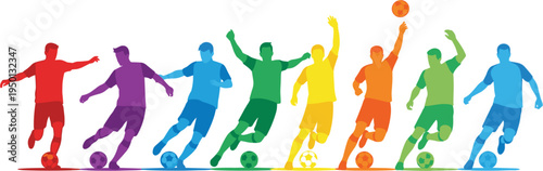 Colorful soccer player silhouettes set, football players dribbling kicking and celebrating, vibrant sport action collection, dynamic football athlete vector illustration