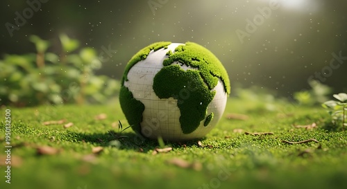 Mossy planet earth globe resting on lush green forest floor representing sustainable future and nature conservation