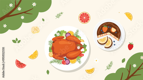 Top view of a festive dinner table with roasted turkey and chocolate berry cake surrounded by citrus slices and green leaves.