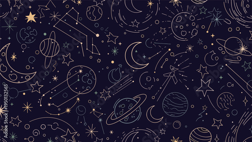 Seamless space pattern featuring stars, planets, crescent moons, and constellations on a dark blue background for cosmic themed design.