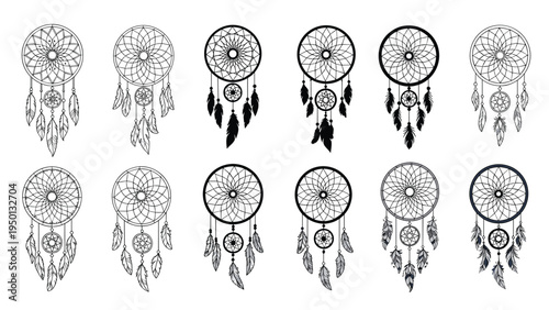 Collection of diverse dreamcatcher designs in various artistic styles ranging from minimalist silhouettes to detailed line drawings for art.