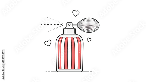 Vintage perfume bottle illustration with a spray bulb pump and red and white striped pattern surrounded by small hearts for beauty branding.