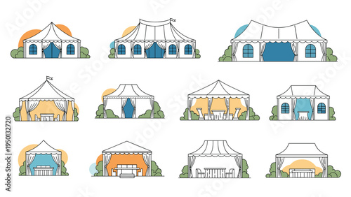 Set of white outdoor marquee tents with colorful curtains and surrounding greenery for garden weddings and festive summer celebrations.