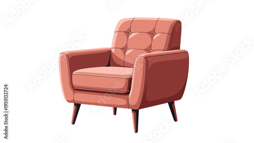 Mid-century modern armchair in a soft terracotta color with wooden legs and tufted backrest for home interior design visualization.