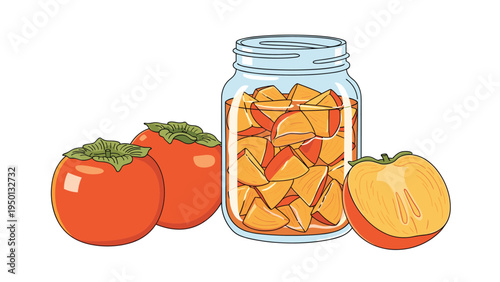 Glass jar filled with persimmon jam alongside fresh whole and halved orange fruits for homemade preserve and autumn harvest food concepts.