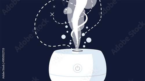 Ultrasonic air humidifier or aroma diffuser emitting a decorative mist of steam and bubbles on a dark background for wellness and health.