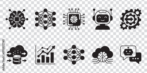 Artificial Intelligence and Machine Learning solid Icon Set – AI Technology, Neural Network, Robot and Automation solid Vector Icons