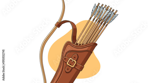 Leather quiver filled with several wooden arrows with gray feathers against a soft orange background for archery and hunting concepts.