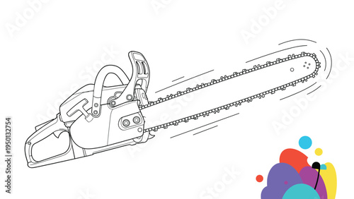 Detailed line drawing of a powerful professional chainsaw in action with motion lines to indicate vibration and a colorful abstract splash.