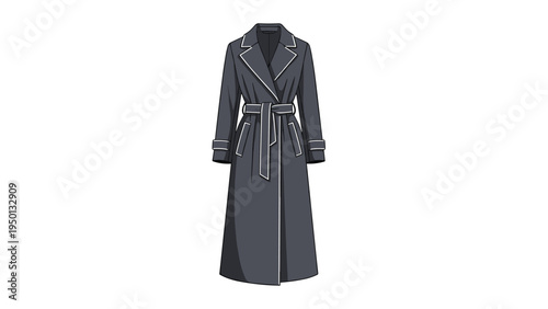 Stylish long dark grey trench coat with a belted waist and white piping details isolated on a white background.