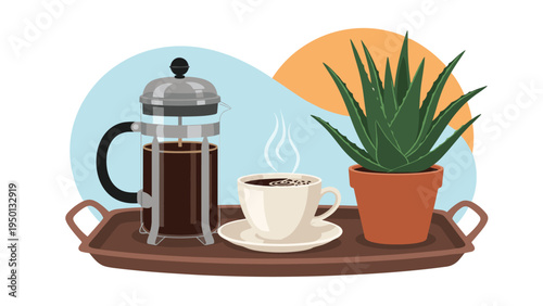 Coffee break scene with a French press, a steaming cup of coffee, and a potted aloe vera plant on a brown tray.