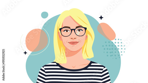 Cartoon portrait of a smiling blonde woman wearing black glasses and a striped shirt against a teal background.