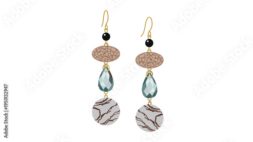 Unique long dangling earrings composed of black beads, textured oval shapes, glass drops, and marble-like spheres.