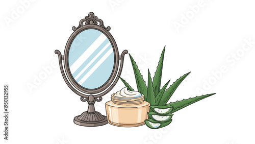 Beauty vanity setup with an ornate silver mirror, a jar of skin cream, and fresh aloe vera leaves on white background.