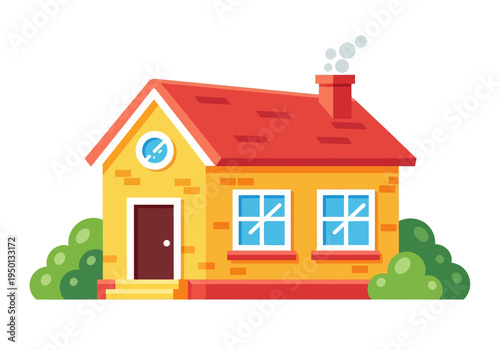 Charming cozy single-story yellow brick house with red tiled roof, smoking chimney, round window, steps, and green bushes. Modern flat vector illustration, isolated on white.