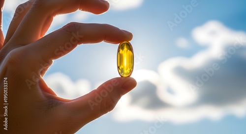 Person holding golden omega 3 fish oil capsule against bright blue sky for health and wellness supplement concept