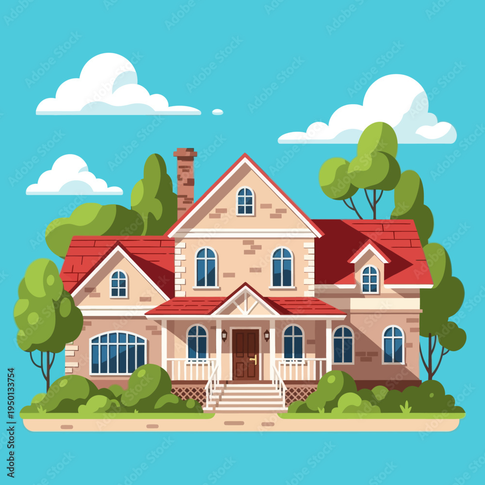 Fototapeta premium Two-story residential house with a red roof and porch. Vector illustration of a suburban home with a garden, trees, and blue sky. Perfect for real estate and housing market concepts.