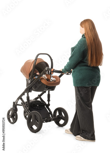 Young mother with her little baby in stroller on white background, back view