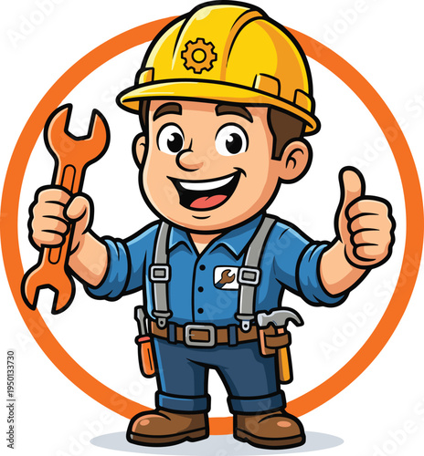 Cartoon handyman character holding wrench and giving thumbs up, construction worker wearing yellow hard hat, professional repair service mascot, industrial maintenance worker.