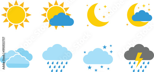 Colorful weather icon set with sun, moon, clouds, rain, snow, and lightning symbols, vector illustration for forecast application, meteorological data presentation, climate icons.